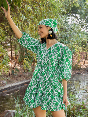 Green & White Floral V Neck Short Gathered Dress-Pink Paprika By SASSAFRAS