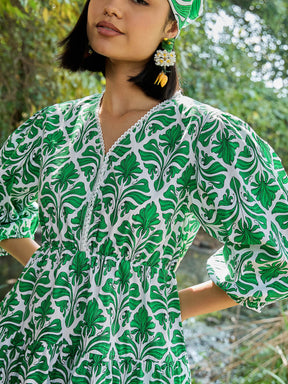 Green & White Floral V Neck Short Gathered Dress-Pink Paprika By SASSAFRAS
