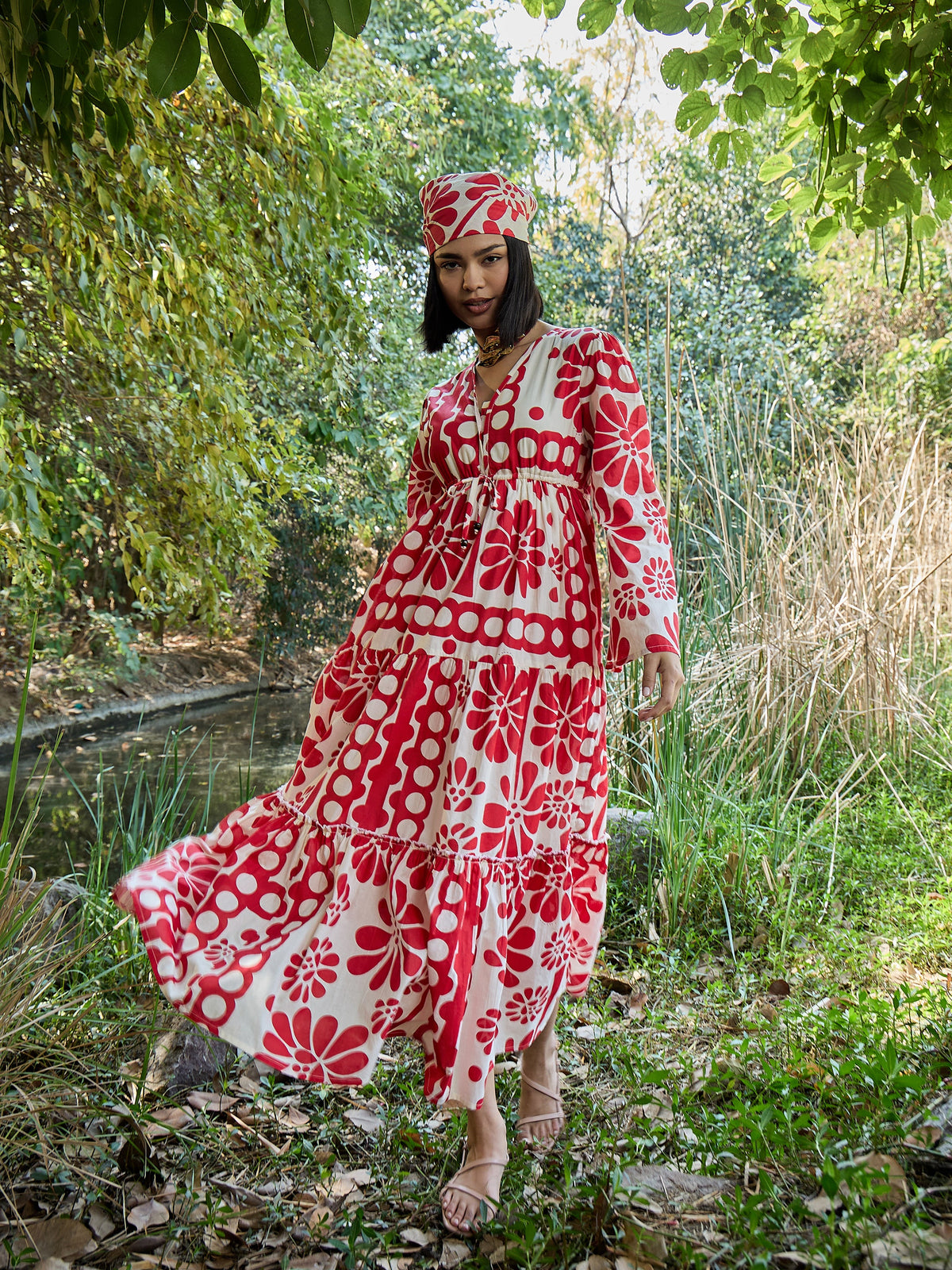 Beige & Red Floral V Neck Waist Tie Knot Midi Dress-Pink Paprika By SASSAFRAS