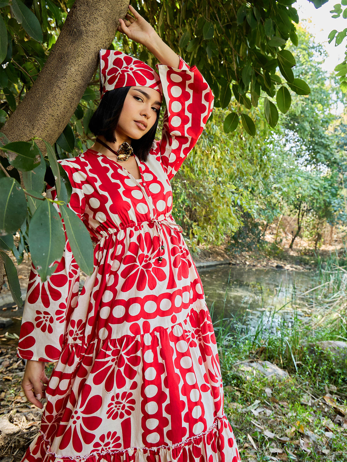 Beige & Red Floral V Neck Waist Tie Knot Midi Dress-Pink Paprika By SASSAFRAS