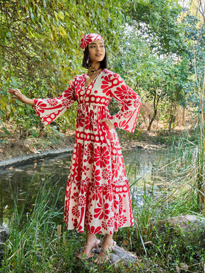Beige & Red Floral V Neck Waist Tie Knot Midi Dress-Pink Paprika By SASSAFRAS