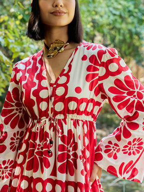 Beige & Red Floral V Neck Waist Tie Knot Midi Dress-Pink Paprika By SASSAFRAS