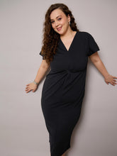 Black V Neck Short Sleeves Midi Dress-SASSAFRAS Curve