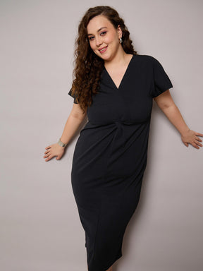 Black V Neck Short Sleeves Midi Dress-SASSAFRAS Curve