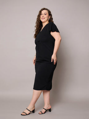 Black V Neck Short Sleeves Midi Dress-SASSAFRAS Curve