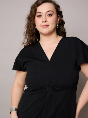 Black V Neck Short Sleeves Midi Dress-SASSAFRAS Curve