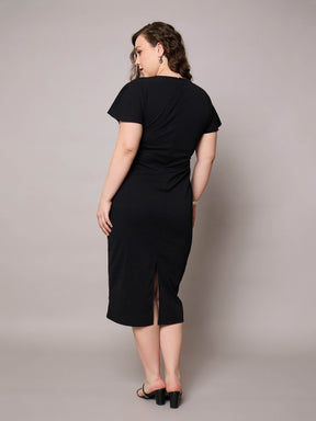 Black V Neck Short Sleeves Midi Dress-SASSAFRAS Curve