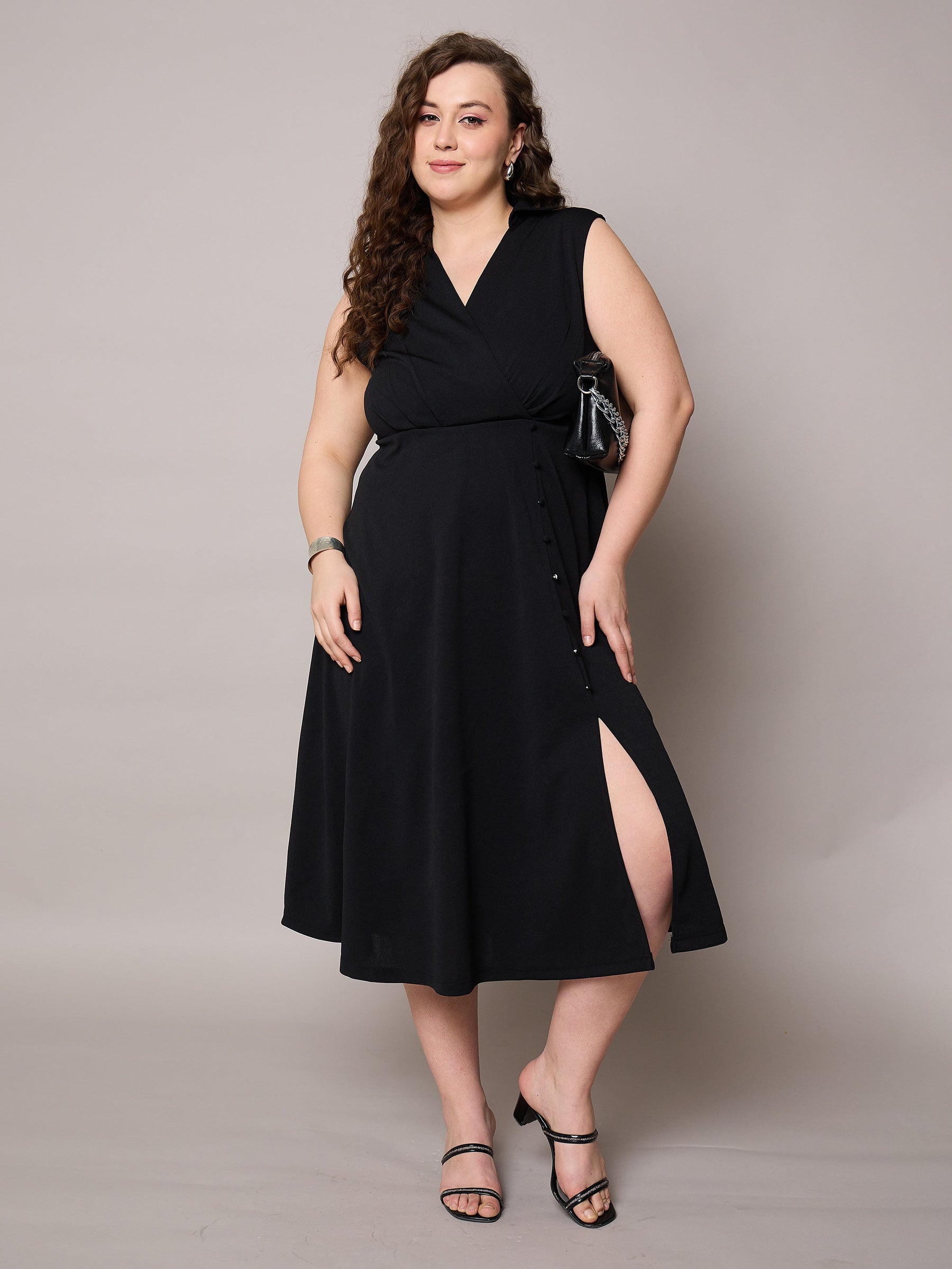 Women Black Sleeveless Side Slit Midi Dress - Main Image
