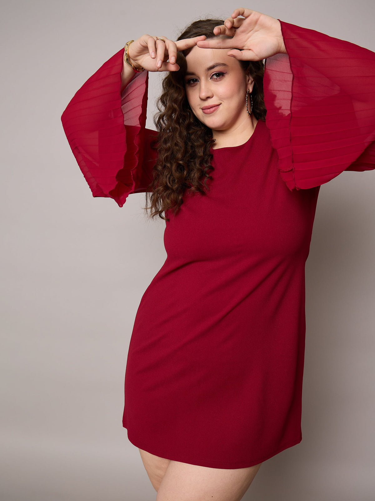 Maroon Pleated Sleeves Straight Fit Dress-SASSAFRAS Curve