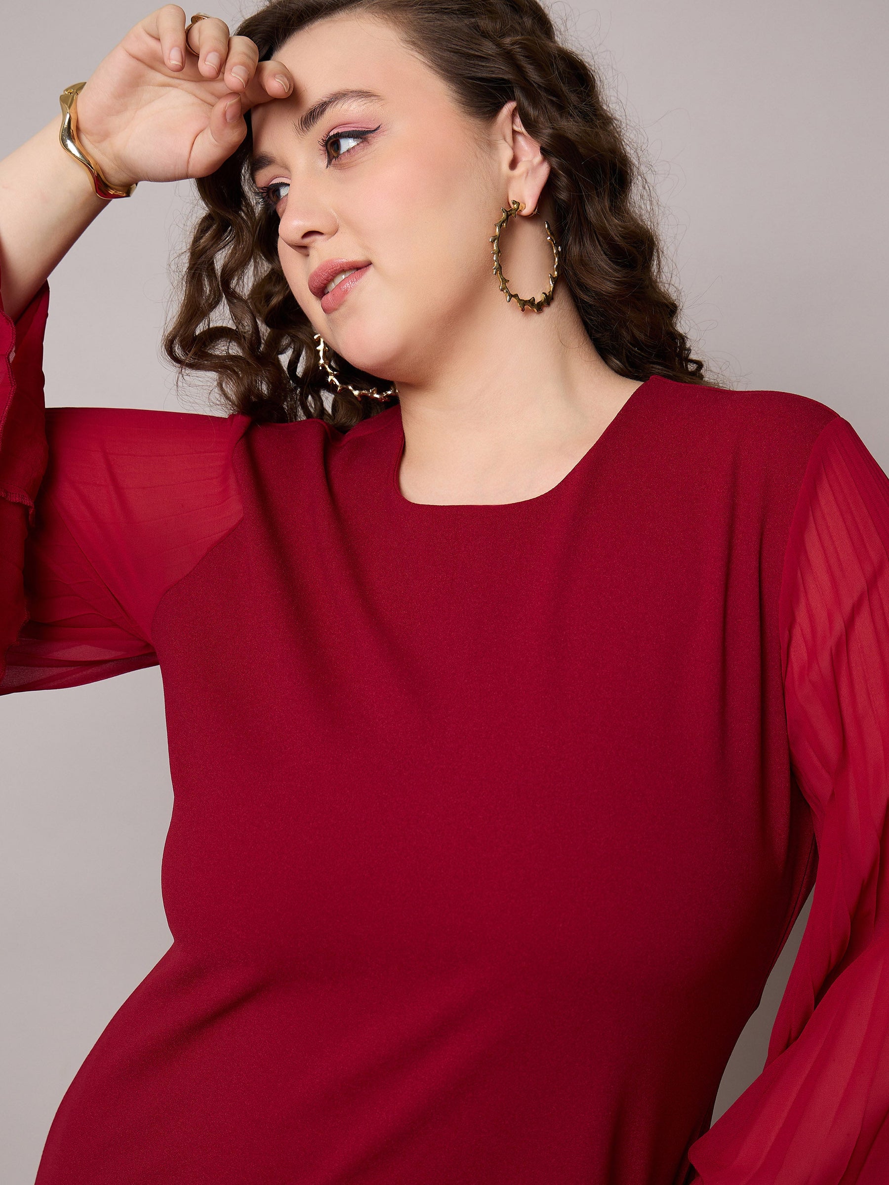 Maroon Pleated Sleeves Straight Fit Dress-SASSAFRAS Curve