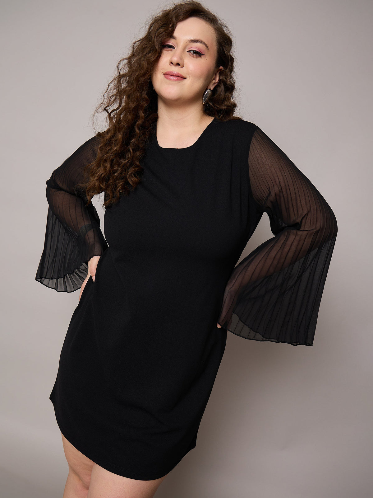 Black Pleated Sleeves Straight Fit Dress-SASSAFRAS Curve
