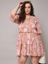 Brown Floral Short Tiered Dress-SASSAFRAS Curve