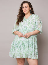 Green Floral Short Tiered Dress-SASSAFRAS Curve