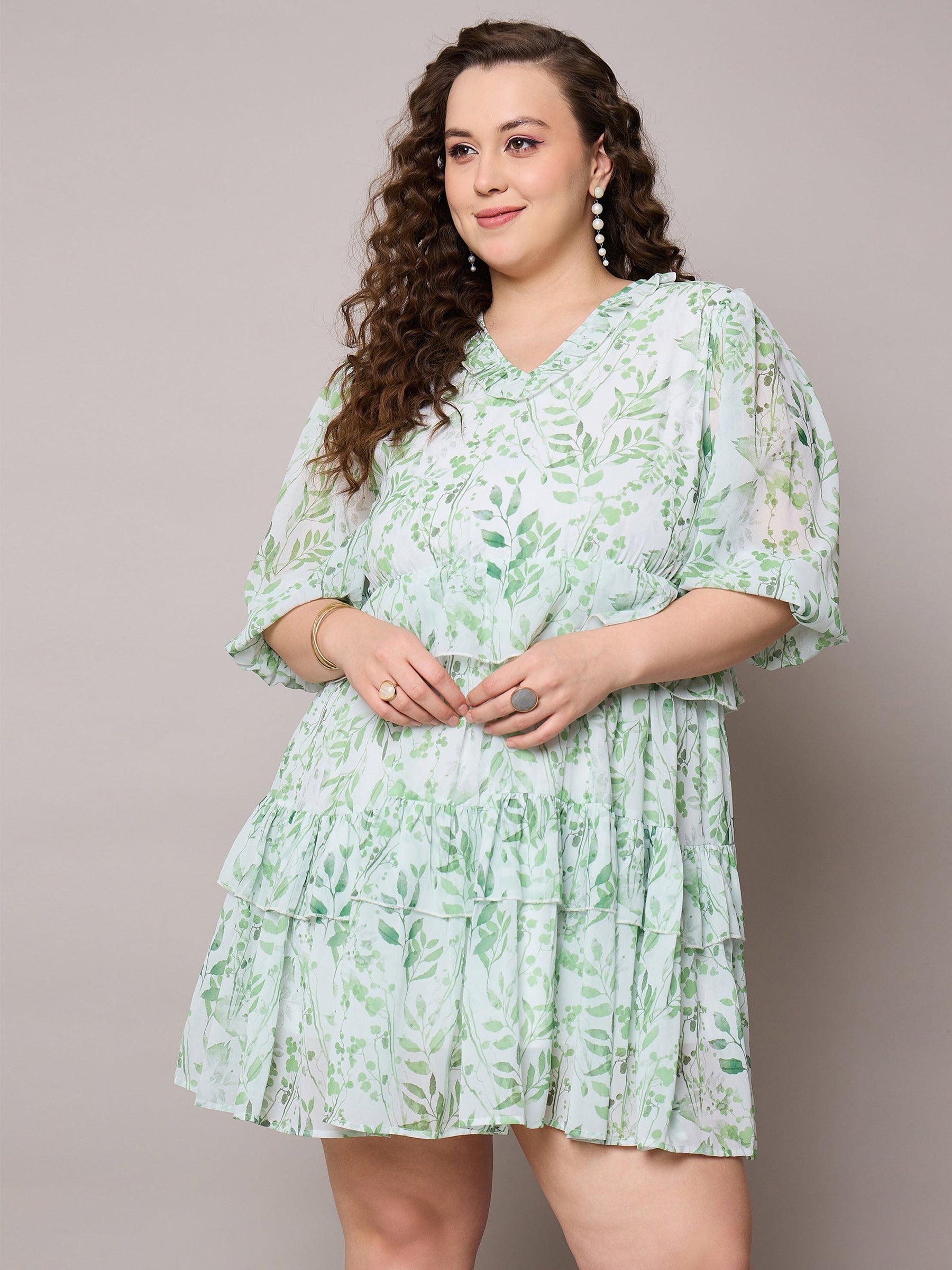 Green Floral Short Tiered Dress-SASSAFRAS Curve