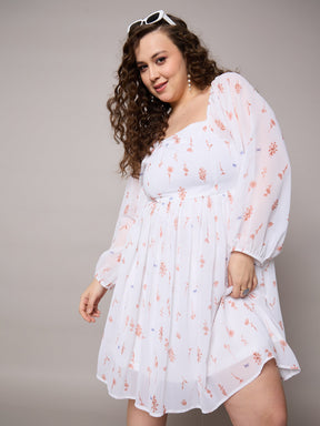Brown Floral Square Neck Short Skater Dress-SASSAFRAS Curve