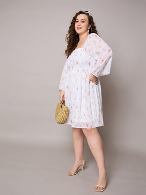 Brown Floral Square Neck Short Skater Dress-SASSAFRAS Curve