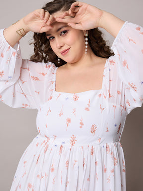 Brown Floral Square Neck Short Skater Dress-SASSAFRAS Curve