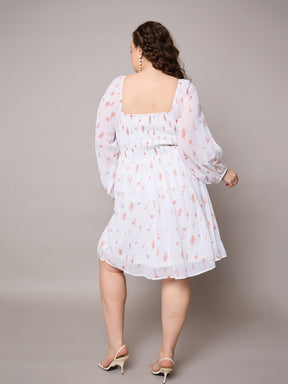Brown Floral Square Neck Short Skater Dress-SASSAFRAS Curve