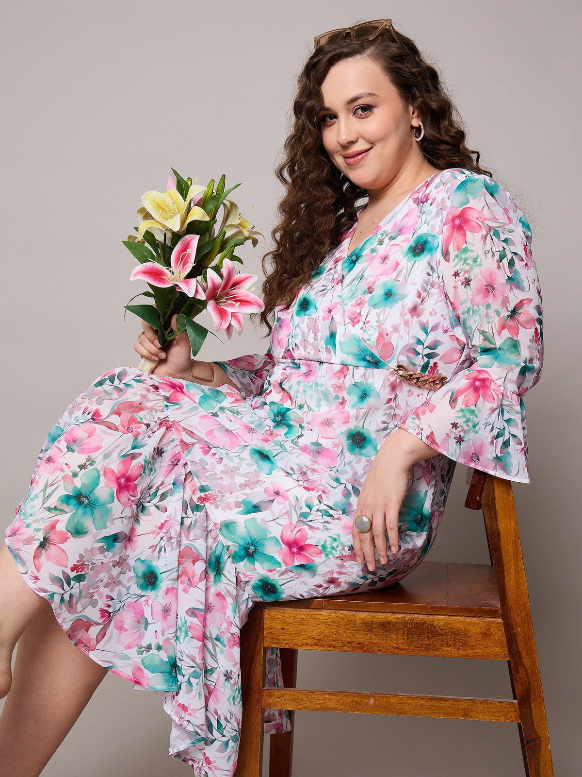 Pink Floral Frill Hem Midi Dress-SASSAFRAS Curve