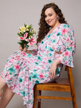 Pink Floral Frill Hem Midi Dress-SASSAFRAS Curve