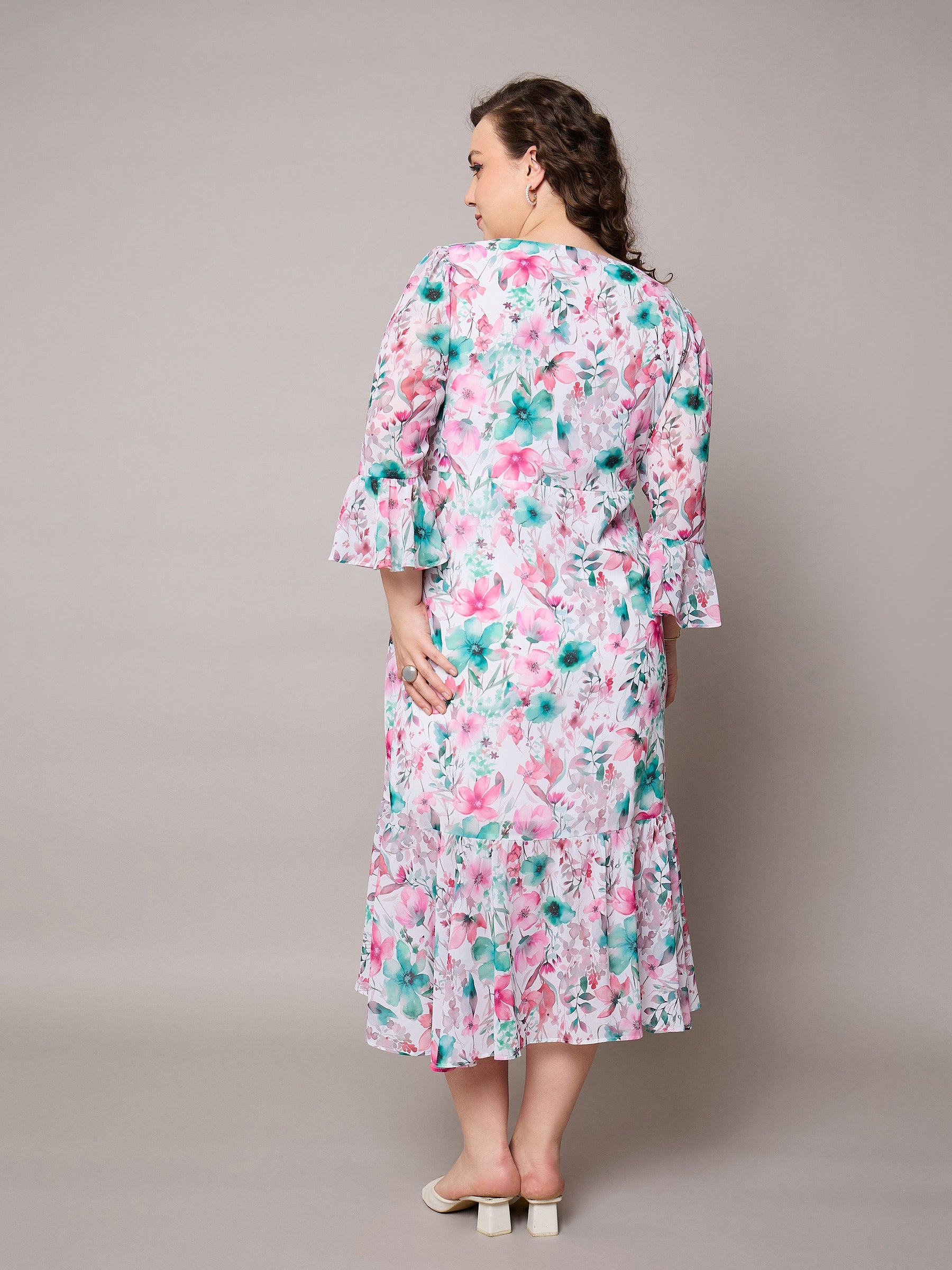 Women Pink Floral Frill Hem Midi Dress - Main Image