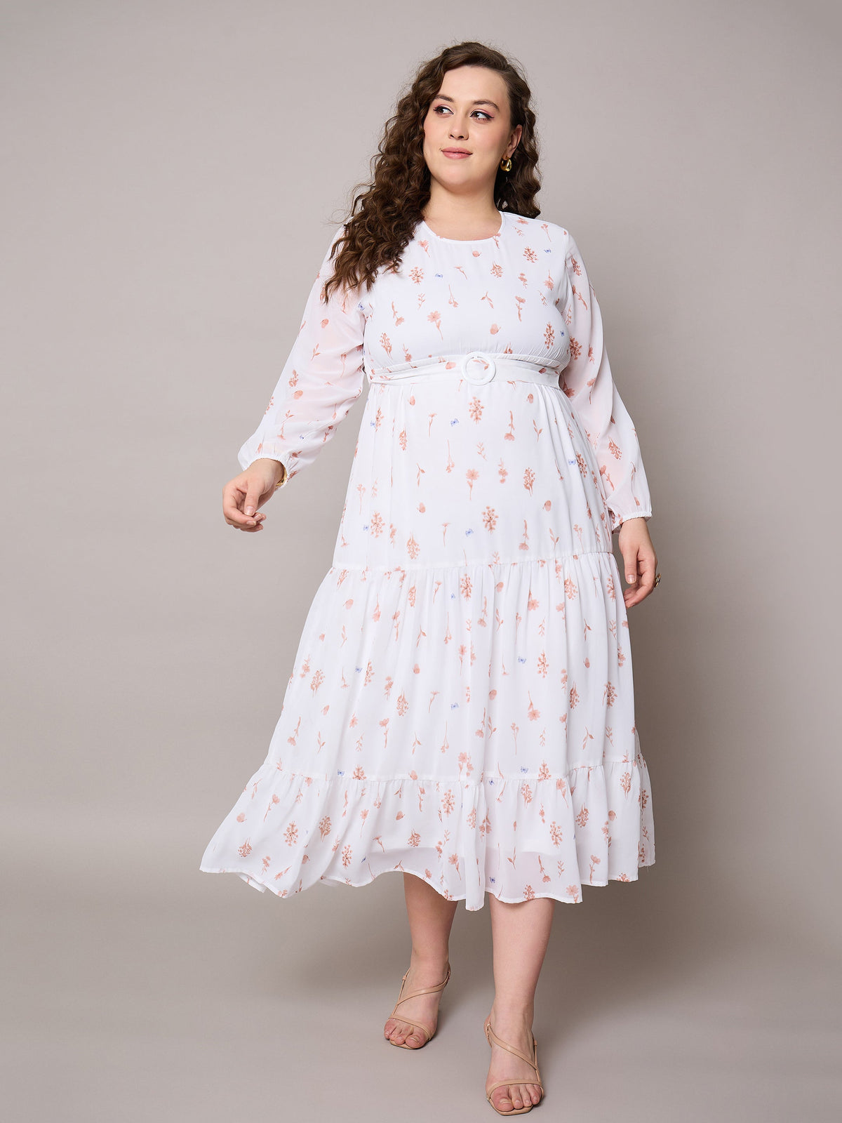 Brown Floral Tiered Maxi Dress-SASSAFRAS Curve