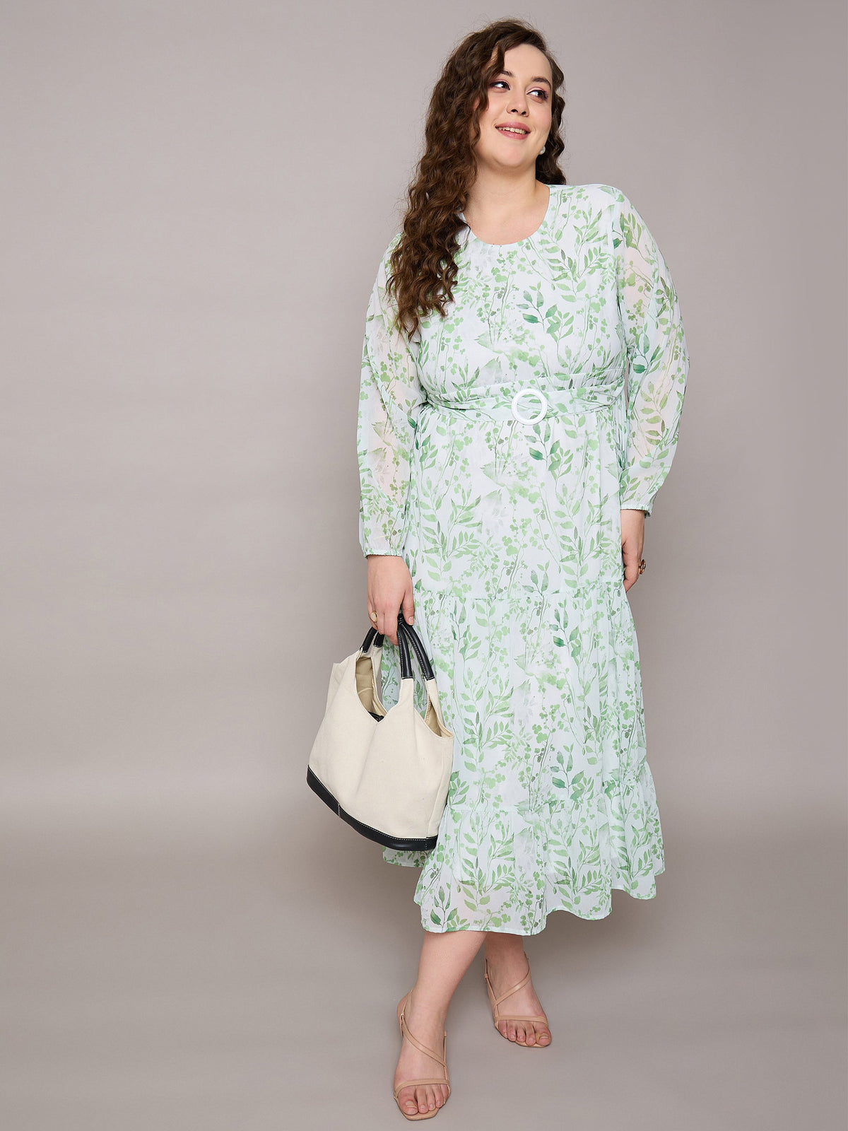 Green Floral Tiered Maxi Dress-SASSAFRAS Curve