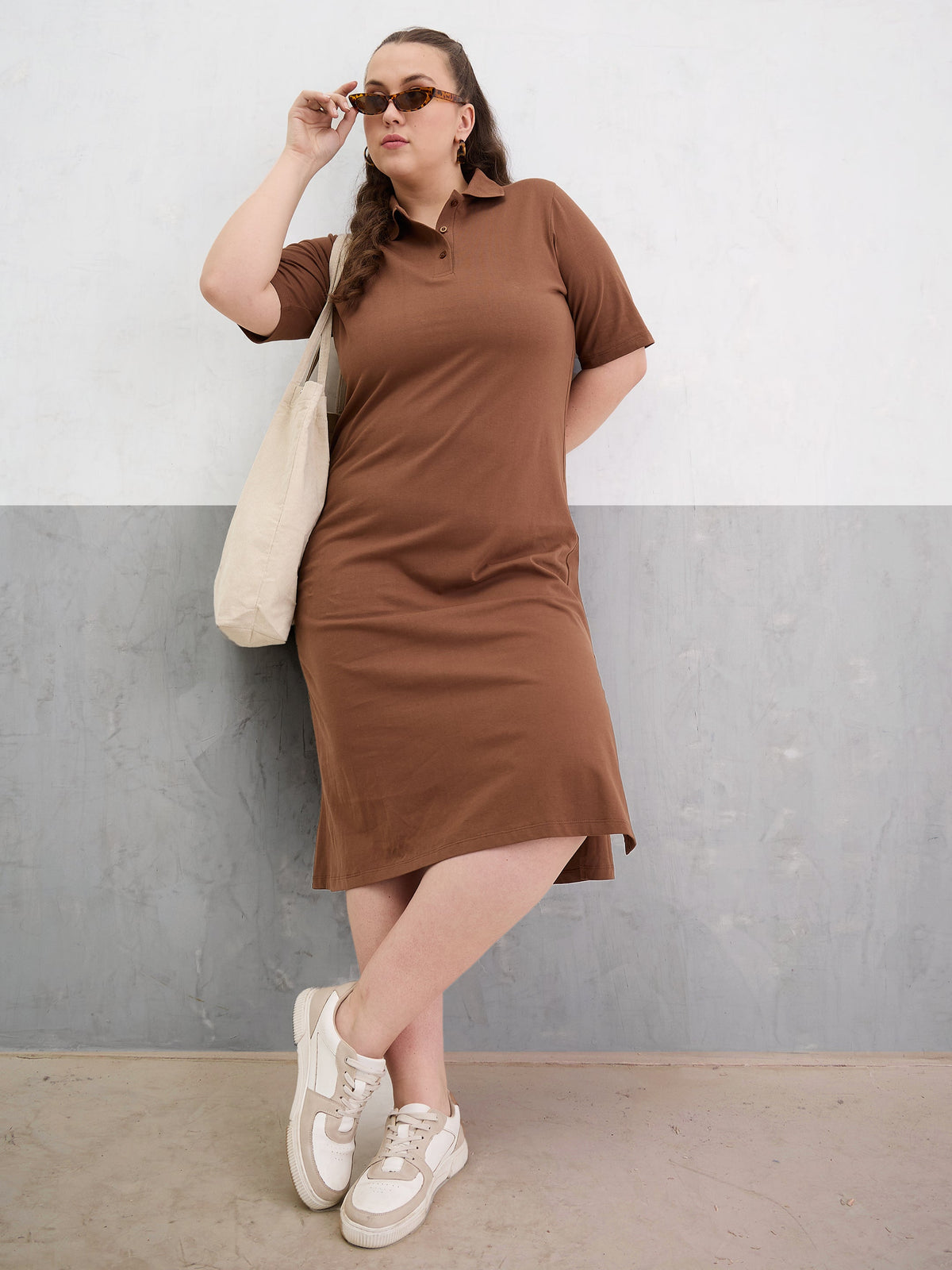 Brown Polo Neck Side Slit Midi Dress-SASSAFRAS Curve
