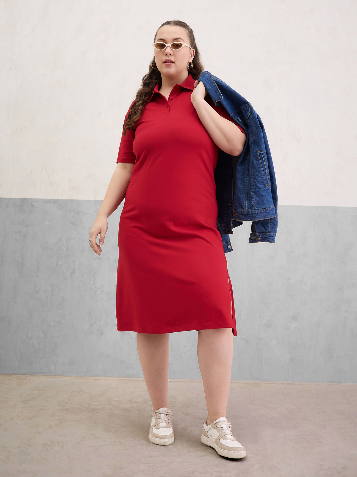 Red Polo Neck Side Slit Midi Dress-SASSAFRAS Curve
