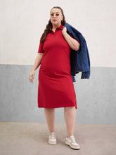 Red Polo Neck Side Slit Midi Dress-SASSAFRAS Curve
