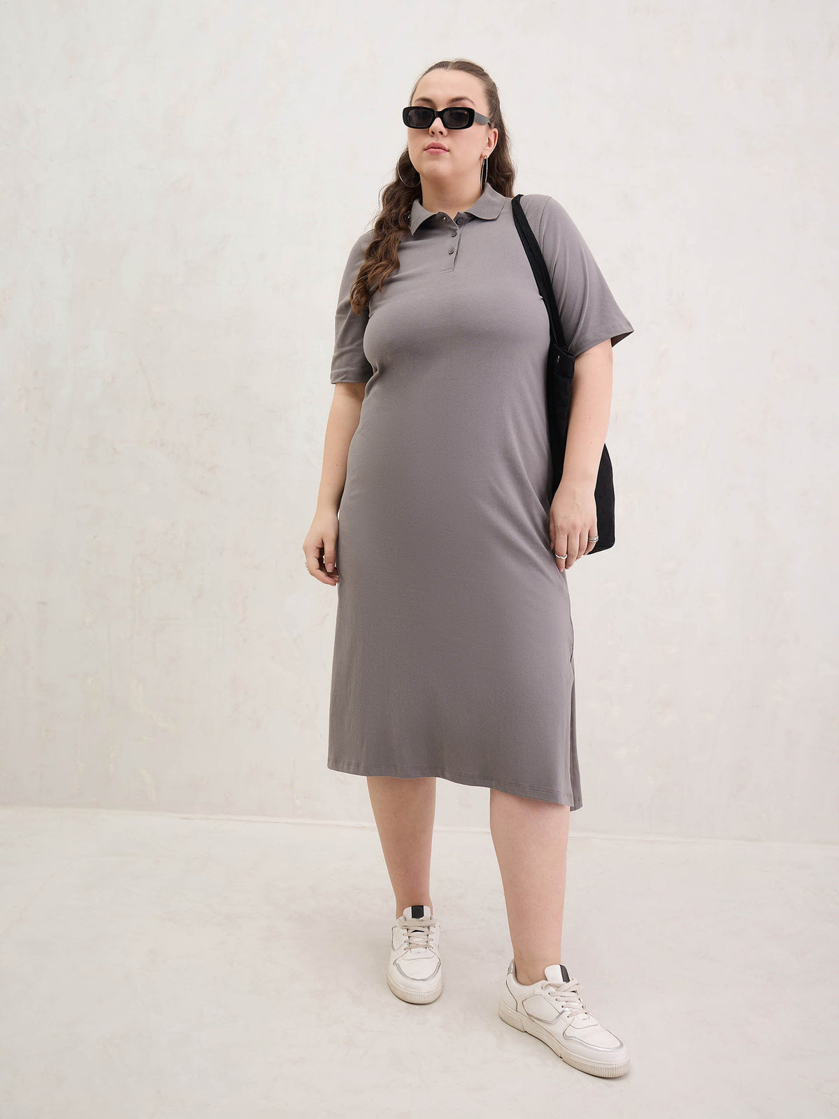 Grey Polo Neck Side Slit Midi Dress-SASSAFRAS Curve