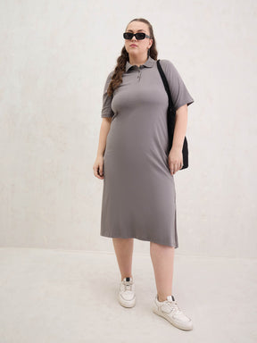 Grey Polo Neck Side Slit Midi Dress-SASSAFRAS Curve