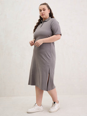 Grey Polo Neck Side Slit Midi Dress-SASSAFRAS Curve