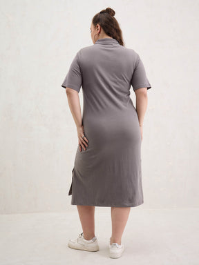 Grey Polo Neck Side Slit Midi Dress-SASSAFRAS Curve