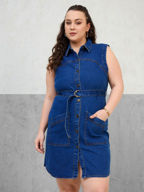 Navy Denim Sleeveless Short Dress-SASSAFRAS Curve