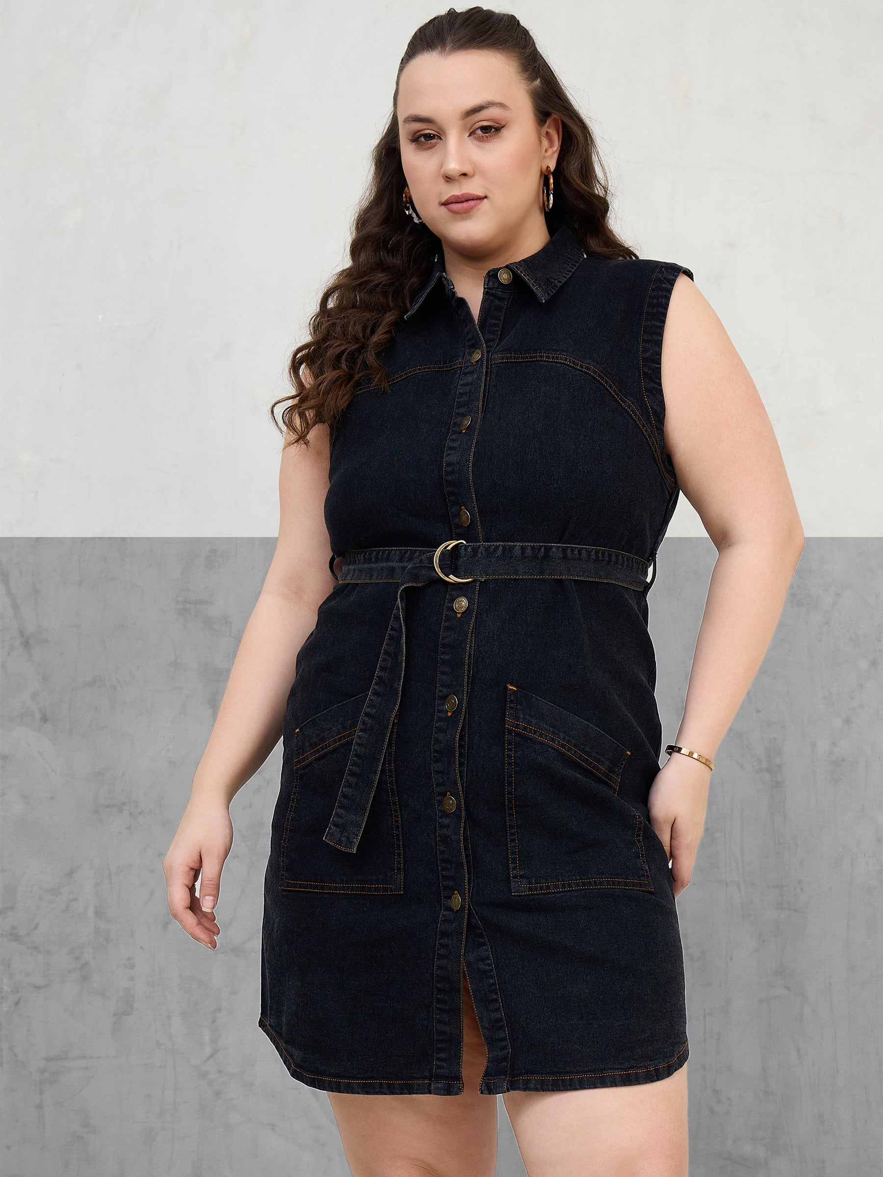 Black Denim Sleeveless Short Dress-SASSAFRAS Curve