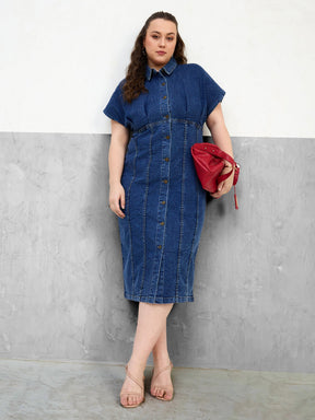 Navy Denim Kimono Sleeves Midi Dress-SASSAFRAS Curve