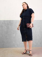 Black Denim Kimono Sleeves Midi Dress-SASSAFRAS Curve