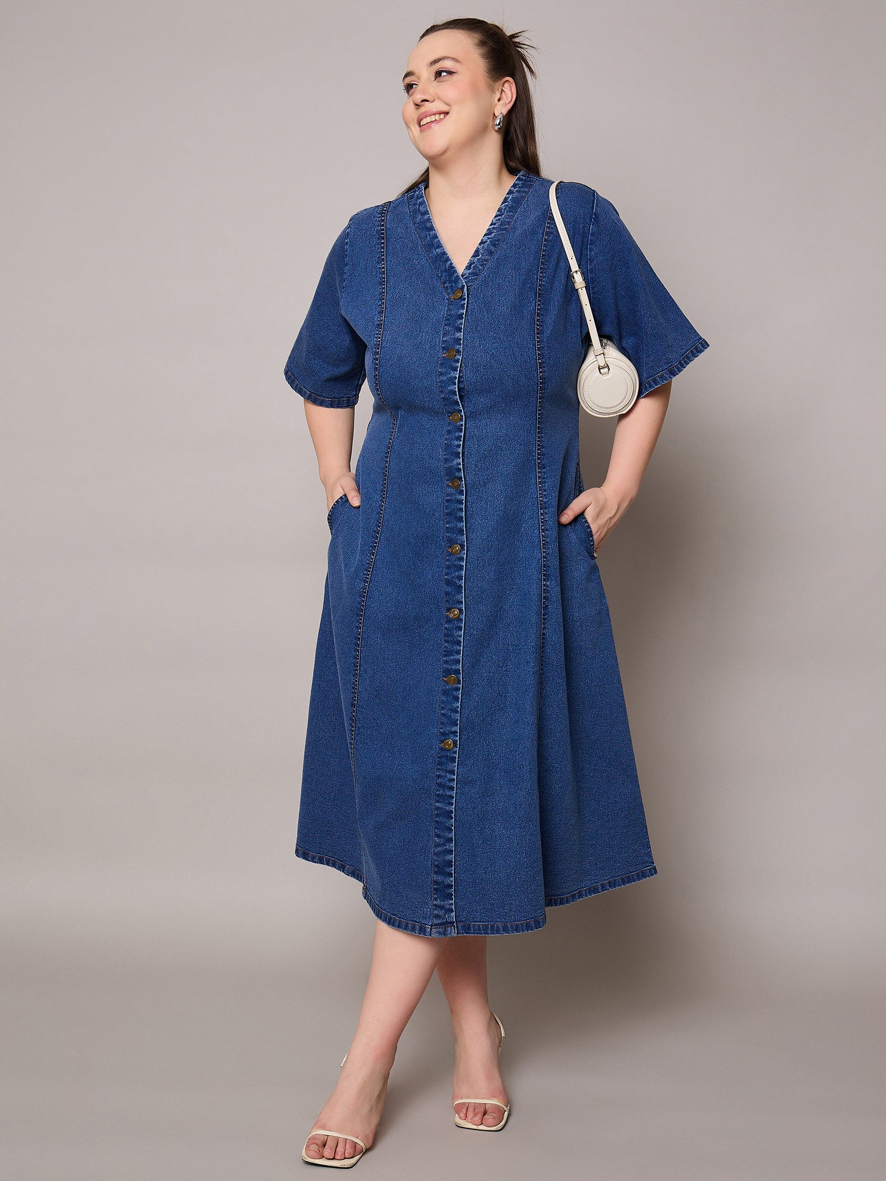 Navy Denim V Neck Midi Dress-SASSAFRAS Curve