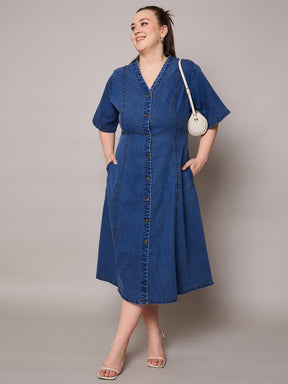 Navy Denim V Neck Midi Dress-SASSAFRAS Curve