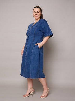 Navy Denim V Neck Midi Dress-SASSAFRAS Curve