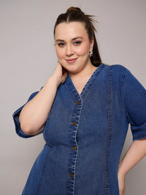 Navy Denim V Neck Midi Dress-SASSAFRAS Curve