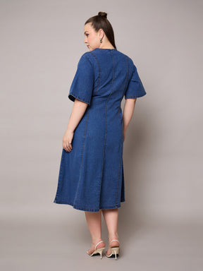 Navy Denim V Neck Midi Dress-SASSAFRAS Curve