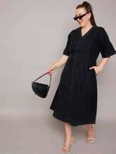 Black Denim V Neck Midi Dress-SASSAFRAS Curve