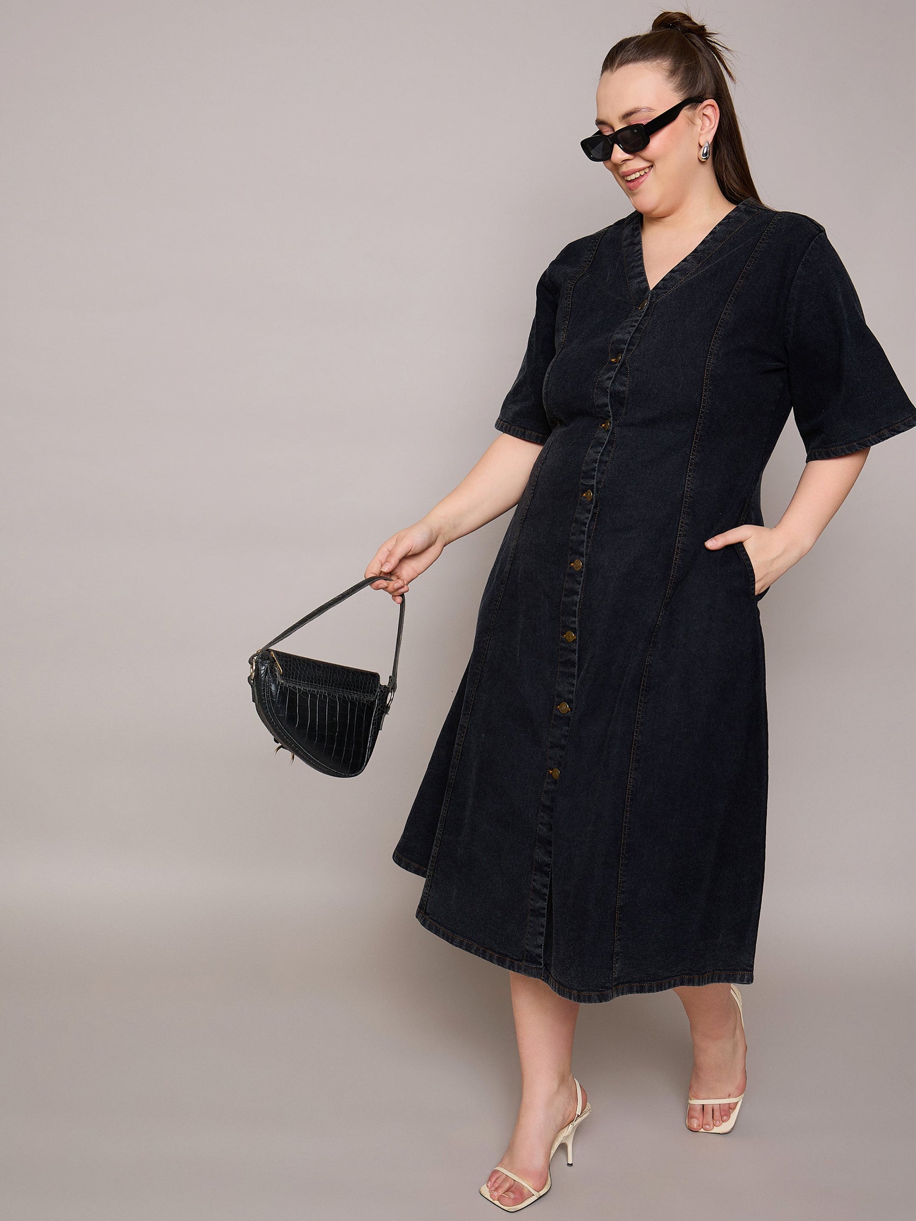Buy Women Black Denim V Neck Midi Dress Online at Best Price - Sassafras Buy Women Black Denim V Neck Midi Dress Online at Best Price - Sassafras