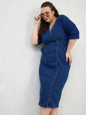 Women Navy Denim Wrap Neck Midi Dress - Main Image