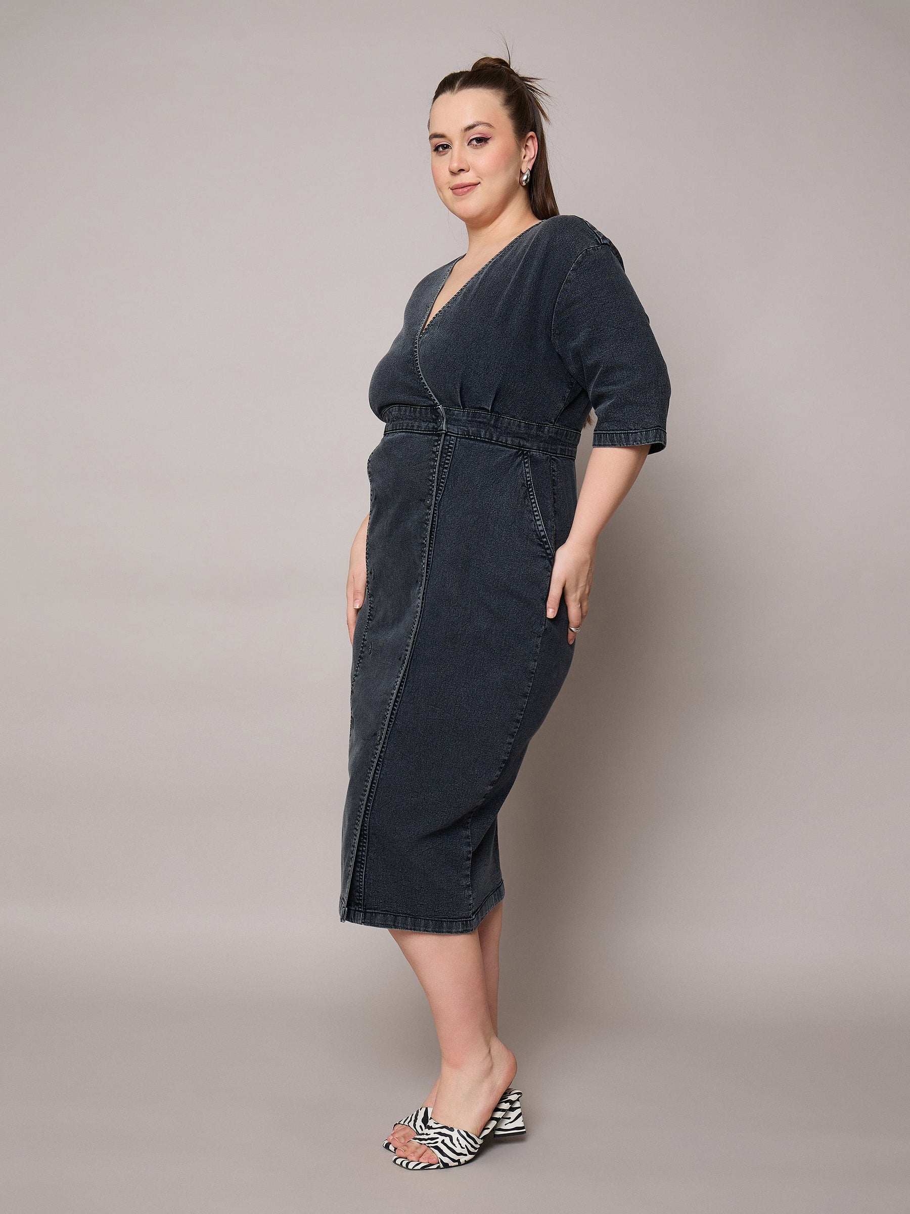 black denim wrap dress Crossover denim dress