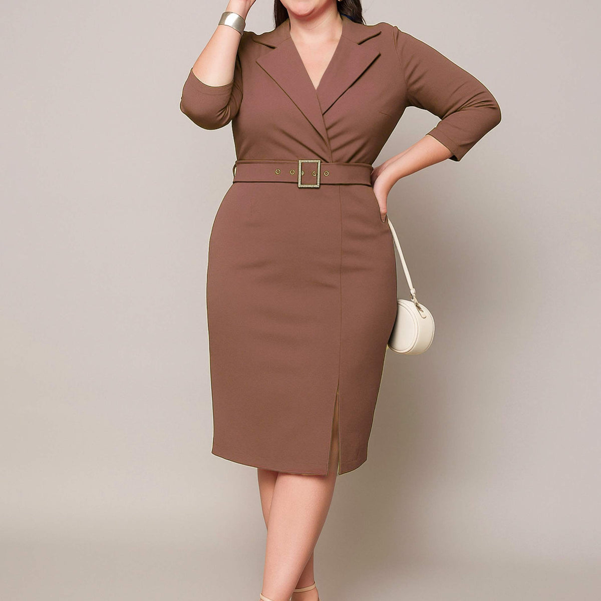 Buy Women Brown Notch Collar Belted Bodycon Dress Online at Best Price