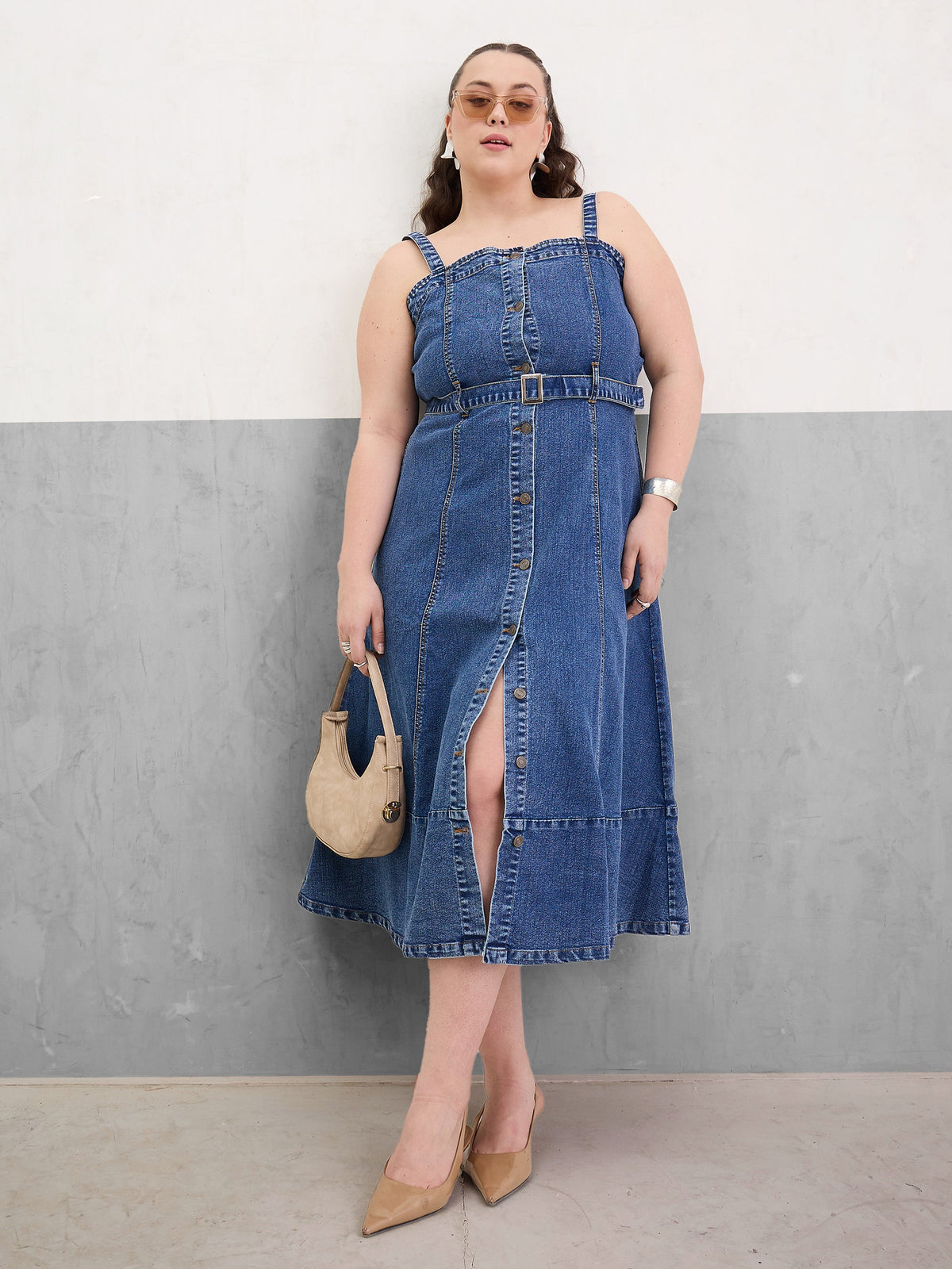 Navy Wash Denim Sleeveless Midi Dress-SASSAFRAS Curve