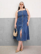 Navy Wash Denim Sleeveless Midi Dress-SASSAFRAS Curve